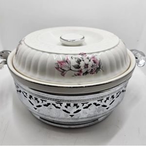 Vintage Forman Family Casserole Dish Chrome Trivet Pink Floral Pattern 2 Qt